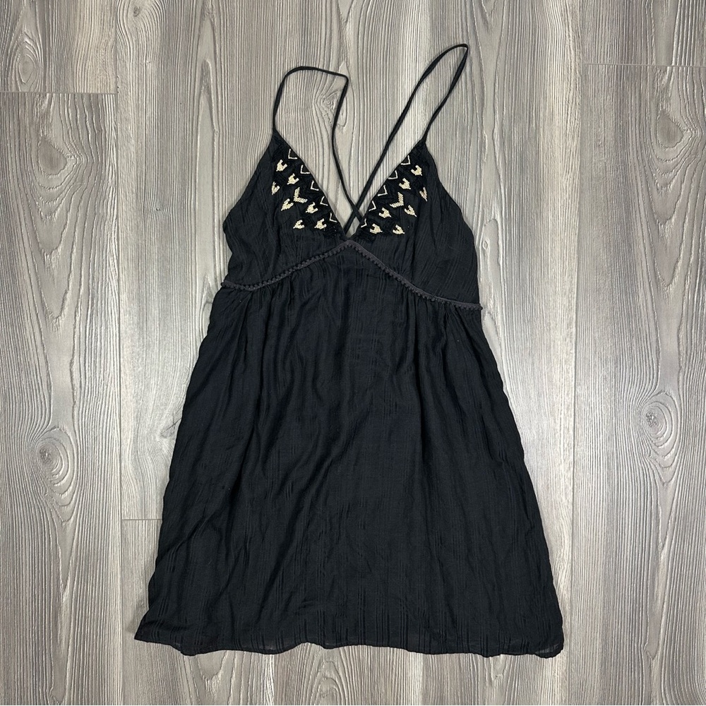 Billabong Black Mini Dressβ with Gold Embroidery Strappy Back Size M Boho
